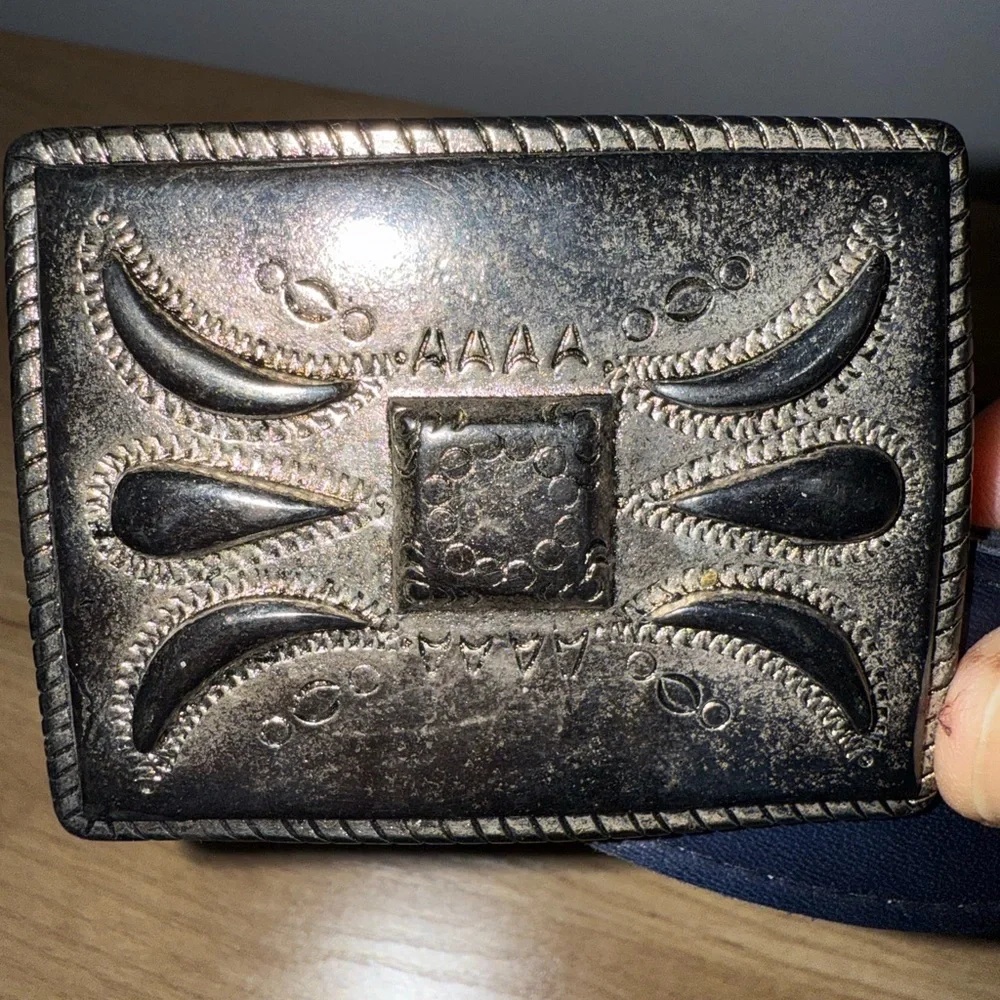 AM Made In Italy Silver Tone Belt Buckle 3” Blue Leather Belt USA Size L‎ 37”